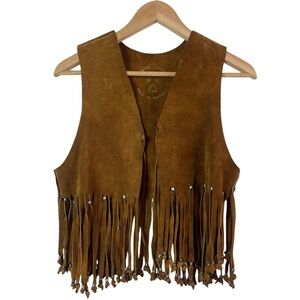 Vintage Suede Handmade Cow Hide Beaded Fringe Tassel Boho Vest / Indian Jacket